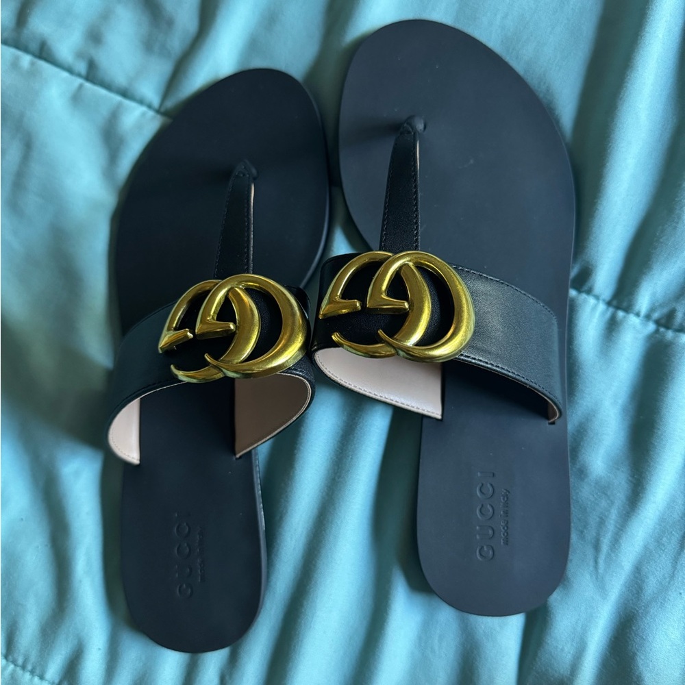 Gucci Black Sandals with Gold Logo 
New